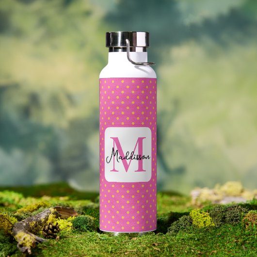 Monogramm der rosa und gelben Polka-Punkte Trinkflasche (Außenbereich)