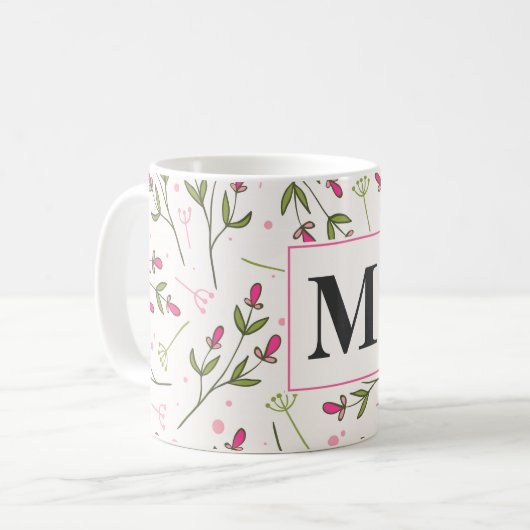 Monogramm der rosa und grünen Wildblumen Kaffeetasse (Vorderseite Links)