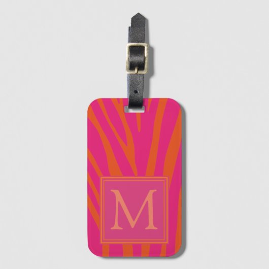 Monogramm der rosa und orangefarbenen Zebra-Streif Gepäckanhänger (Vorderseite Vertikal)