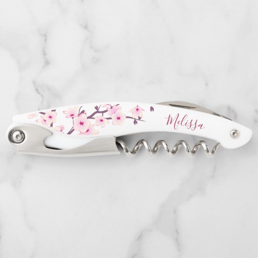 Monogramm der rosa weißen Kirschblüten Kellnermesser (Vorderseite)