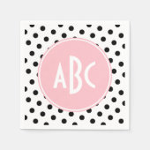 Monogramm der rosa weißen und schwarzen Polka-Punk Serviette (Vorderseite)