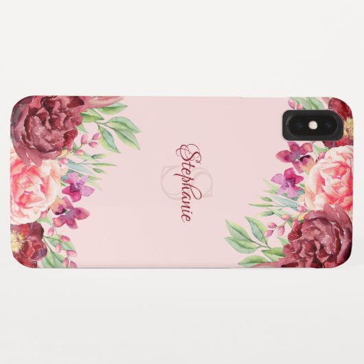 Monogramm der Rose Burgund Peach Blush Floral Case-Mate iPhone Hülle (Rückseite (Horizontal))