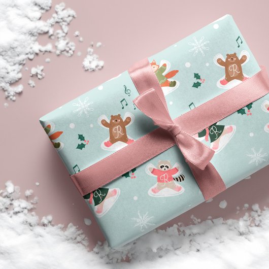 Monogramm der Schneeangel-Waldtiere Geschenkpapier