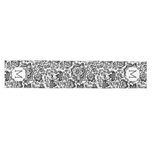 Monogramm der schwarz-weißen Damasken Mittelgroßer Tischläufer (Horizontal)