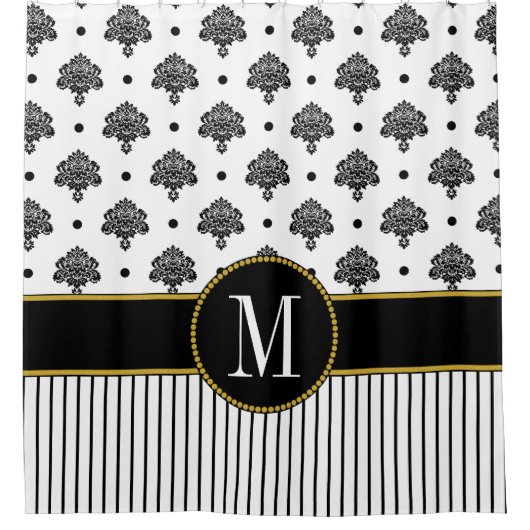 Monogramm der Schwarz-weißen Damaskuspunkte Duschvorhang (Vorderseite)