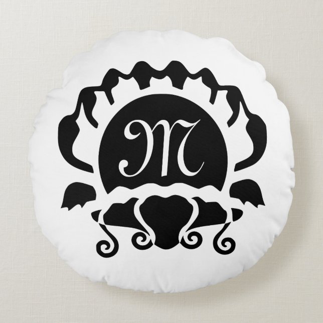 Monogramm der schwarzen Clam-Silhouette Rundes Kissen (Vorderseite)