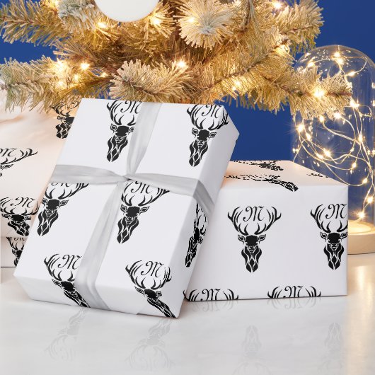 Monogramm der schwarzen Stag-Silhouette Geschenkpapier (Feiertage)