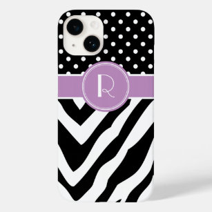 Monogramm der schwarzen und Lila Zebra-Polka-Dots Case-Mate iPhone Hülle