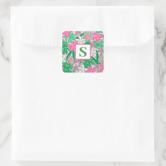 Monogramm der tropischen Blume Rosa grüne, grüne P Quadratischer Aufkleber (Tasche)