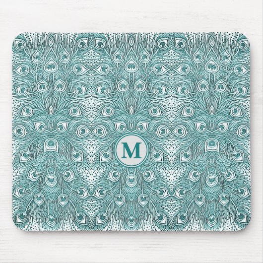 Monogramm der Vintagen Jugendstil-Aquamarinen Pfau Mousepad (Vorne)