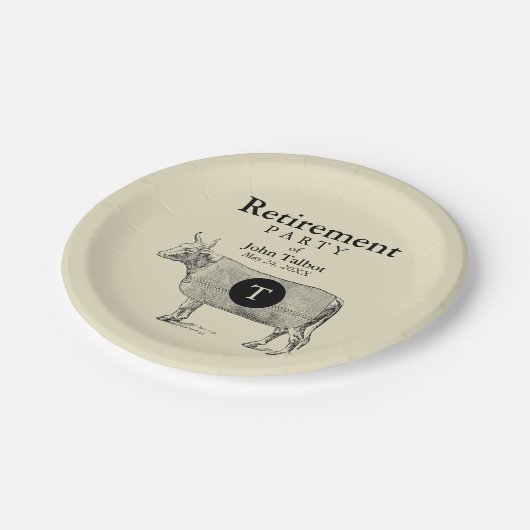 Monogramm der Vintagen Kuhleder-Pensionspolette Pappteller (Schrägansicht)