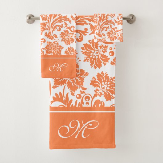 Monogramm der Vintagen Orangen-Damasken Badhandtuch Set (Insitu)