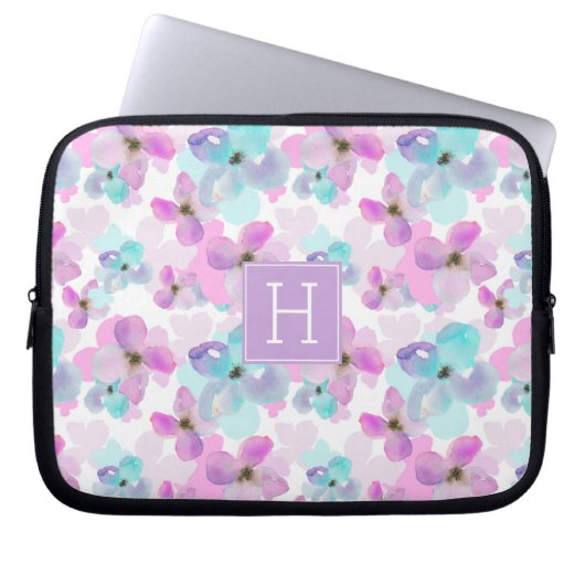 Monogramm der Wasserfarben-Blume Laptopschutzhülle (Vorderseite)