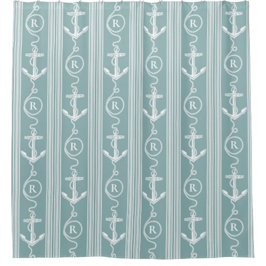 Monogramm der weißen Ankerschiene Türkis Duschvorhang (Vorderseite)