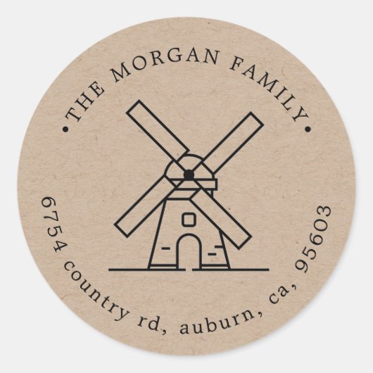 Monogramm der Windmühle-Illustration-Rücksendeadre Runder Aufkleber (Vorderseite)