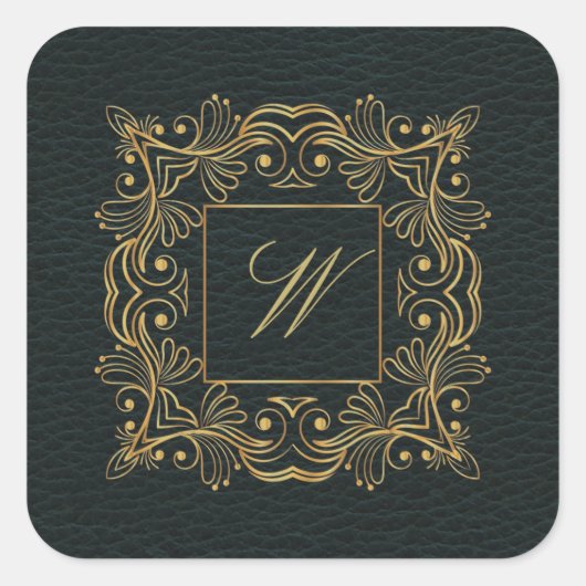 Monogramm der Zierrahmen auf dunklem Leder Quadratischer Aufkleber (Vorderseite)