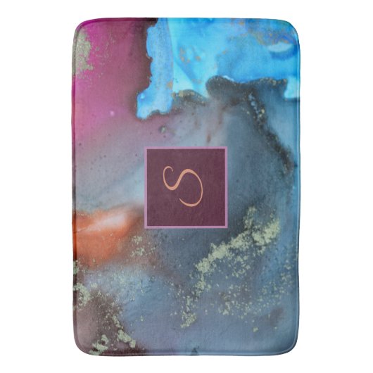 Monogramm des abstrakten Blauen Orangen Badematte (Vorderseite Vertikal)