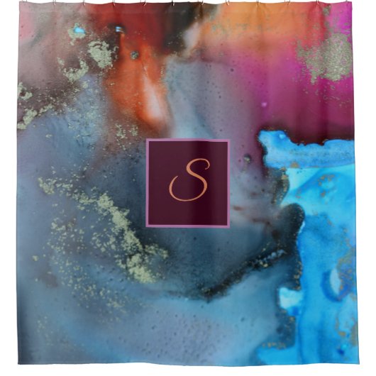 Monogramm des abstrakten Blauen Orangen Duschvorhang (Vorderseite)