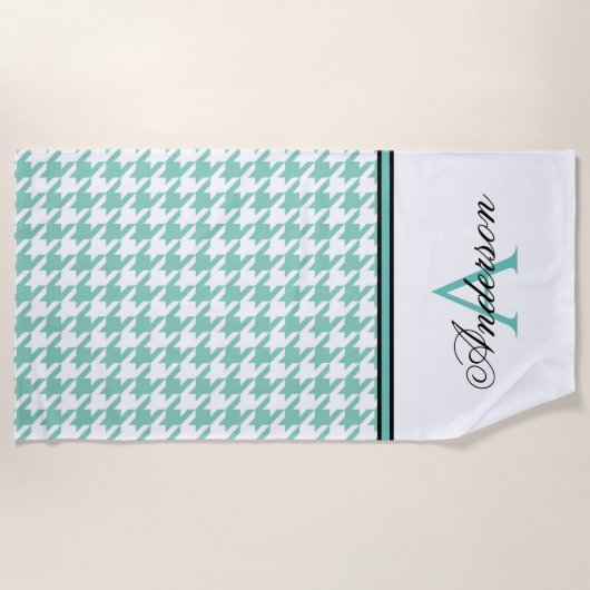 Monogramm des aquamarinen Hahnentrittmusters Strandtuch (Vorderseite)