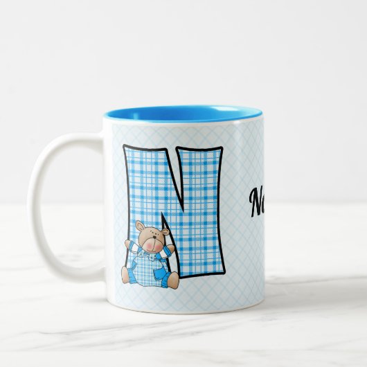 Monogramm des blauen Bären des Kid's Name Zweifarbige Tasse (Links)