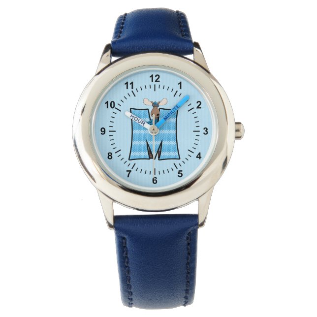 Monogramm des blauen Elchos Letter M Boys Armbanduhr (Vorderseite)