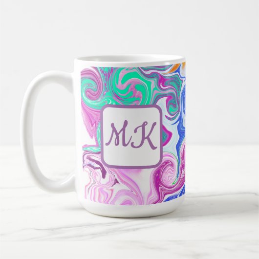 Monogramm des blauen, orangen, Lila und Aquamarine Kaffeetasse (Links)