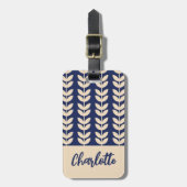 Monogramm des blauen Retro-Vibe-Leaf-Musters Gepäckanhänger (Vorderseite vertikal)