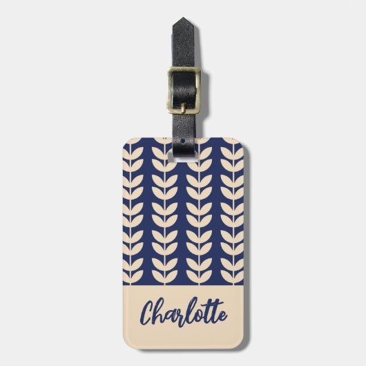 Monogramm des blauen Retro-Vibe-Leaf-Musters Gepäckanhänger (Vorderseite vertikal)