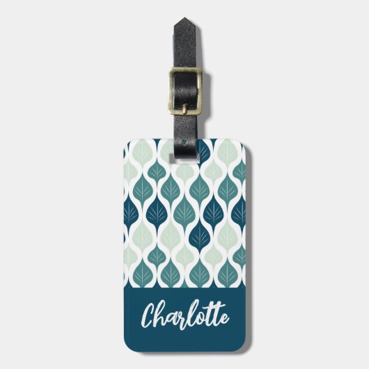 Monogramm des blauen Retro-Vibe-Leaf-Musters Gepäckanhänger (Vorderseite vertikal)