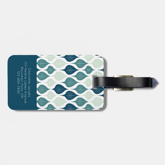 Monogramm des blauen Retro-Vibe-Leaf-Musters Gepäckanhänger (Rückseite horizontal)