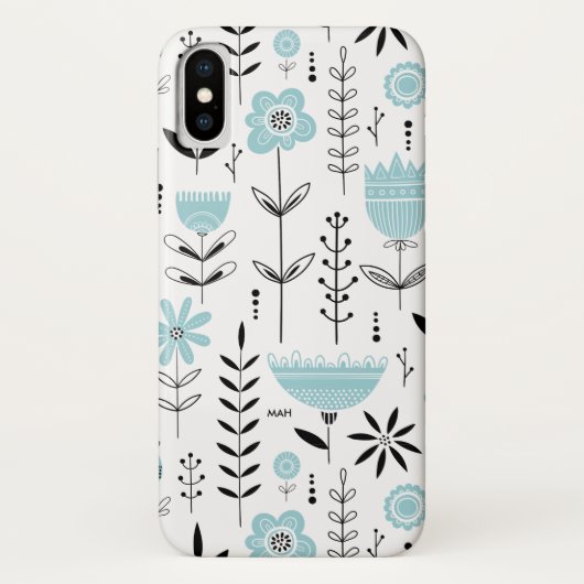 Monogramm des blauen skandinavischen Blumenmusters Case-Mate iPhone Hülle (Rückseite)