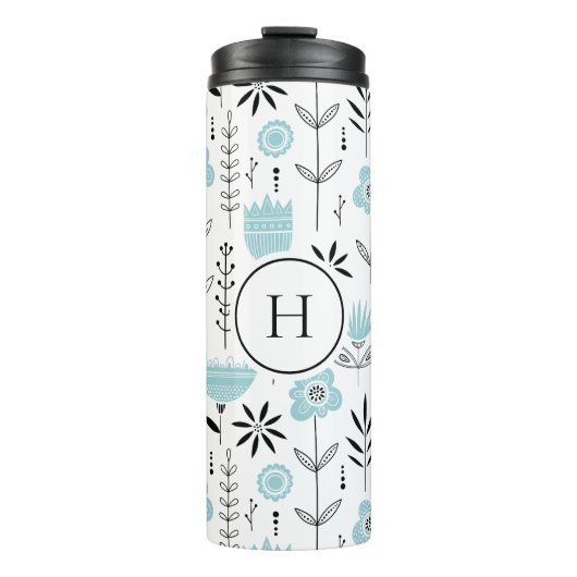 Monogramm des blauen skandinavischen Blumenmusters Thermosbecher (Vorderseite)