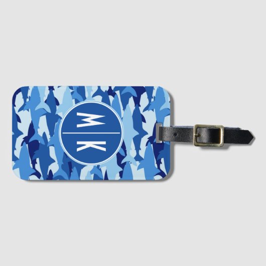 Monogramm des blauer Haifisch-Muster-| Gepäckanhänger (Vorderseite (Horizontal))