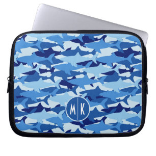 Monogramm des blauer Haifisch-Muster-  Laptopschutzhülle