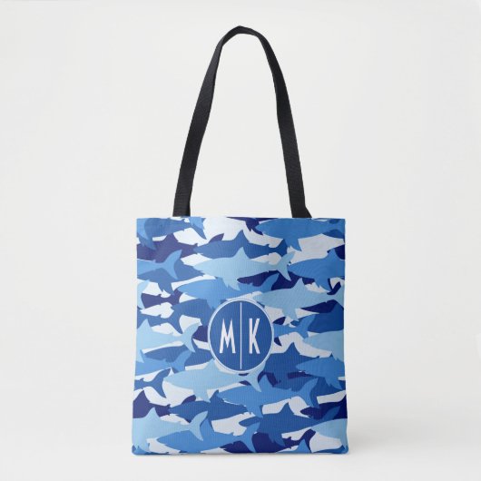 Monogramm des blauer Haifisch-Muster-| Tasche (Vorderseite)