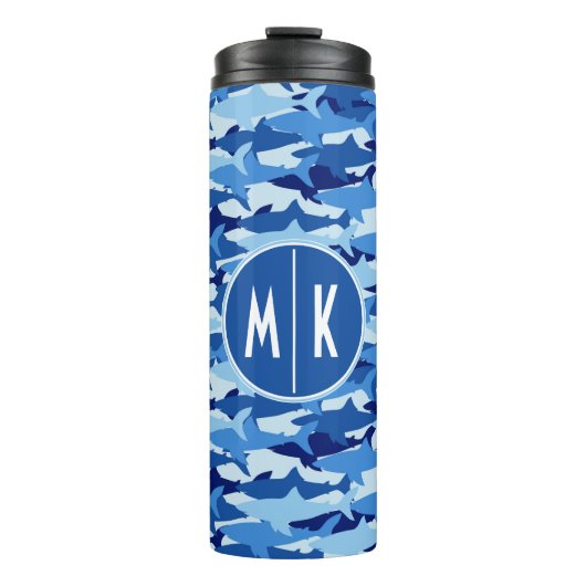 Monogramm des blauer Haifisch-Muster-| Thermosbecher (Vorderseite)
