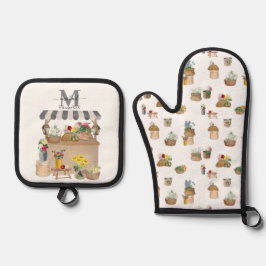 Monogramm des Blumenkartons für Aquarellbauern Ofenhandschuh & Topflappen-Set