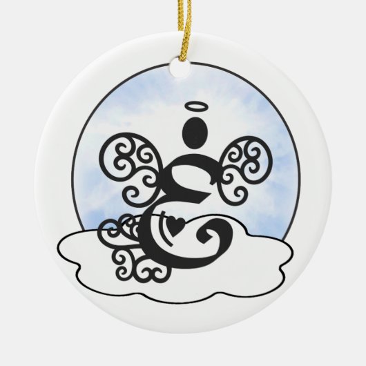 Monogramm des Buchstabe-E mit Engel und Wolken Keramik Ornament (Vorne)