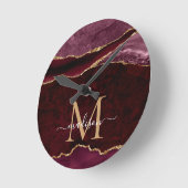 Monogramm des Burgund Red Gold Agate Geode Glitzer Runde Wanduhr (Winkel)