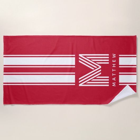 Monogramm des coolen weißen Racer-Streifen Strandtuch (Vorderseite)