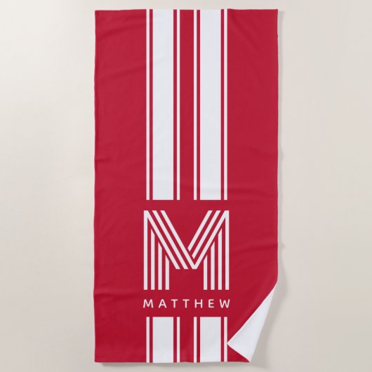 Monogramm des coolen weißen Racer-Streifen Strandtuch (Vorderseite)