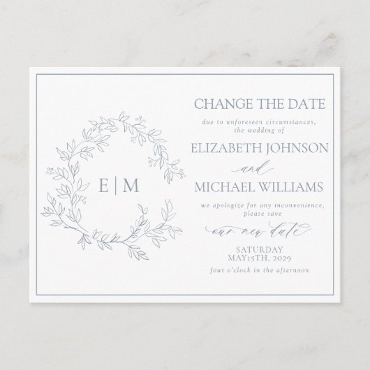 Monogramm des dunkelblauen Wappen ändern das Datum Einladungspostkarte (Vorderseite)