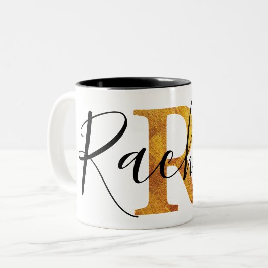 Monogramm des Gold"R" mit personalisiertem Namen Zweifarbige Tasse (Vorderseite Links)