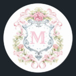 Monogramm des grandmillennialen Wappen | Bridal Runder Aufkleber<br><div class="desc">Das elegante Aquarell-Monogramm-Wappen verleiht diesen Brautparty-Aufklebern einen schönen und zeitlosen Look,  der jeder Braut zu sein wird Liebe. Personalisieren Sie diesen Aufkleber mit Ihrer Initialzündung im Wappen. Die Farben sind hellblau,  rosa und grau.</div>