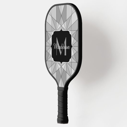 Monogramm des grauen Schwarz-weißen Mosaikdreiecks Pickleball Schläger (Links)
