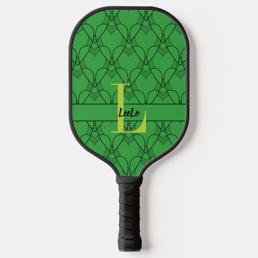 Monogramm des grünen Herzmusters und Name Custom Pickleball Schläger (Vorderseite)