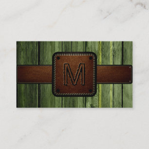 Monogramm des grünen Holzbraunen-Leder-Look Visitenkarte