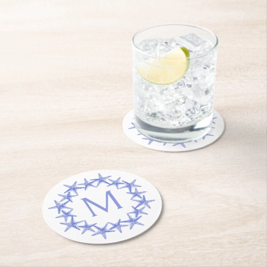 Monogramm des Kastenblau-Weiß-Starfish Runder Pappuntersetzer (Vor Ort)