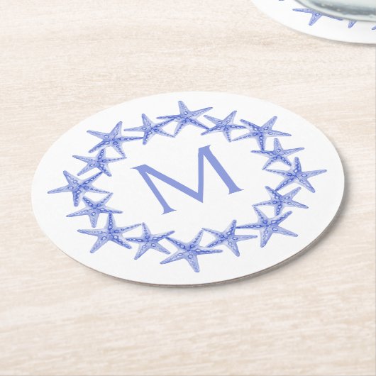 Monogramm des Kastenblau-Weiß-Starfish Runder Pappuntersetzer (Angewinkelt)