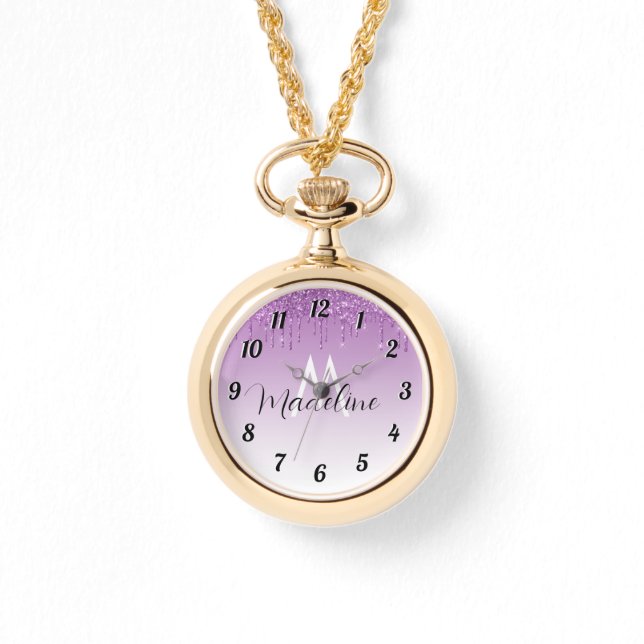 Monogramm des lila Glitzer Armbanduhr (Vorderseite)